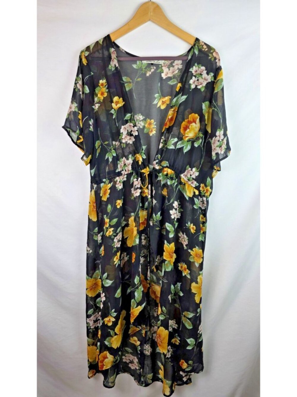 Liberty Love Womens Kimono Size 2X Black Floral Sheer Duster Swim Cover Up